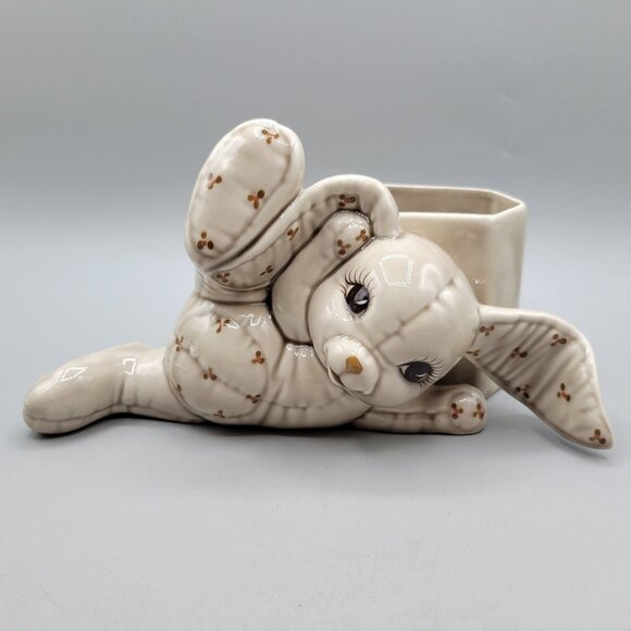 Vintage Ceramic Bunny Planter Figurine With Hexagonal Planter Pot - Picture 1 of 6
